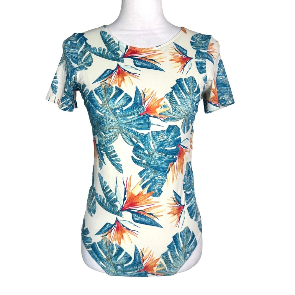 ROXY Women's Medium Tropical Palm Bird of Paradise Open Back Rashguard Swimsuit